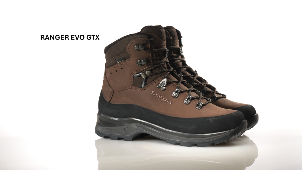 Video of the LOWA Ranger EVO GTX boots, shown as a pair with a nubuck leather upper, GORE-TEX lining, and a rounded rubber rand and outsole.
