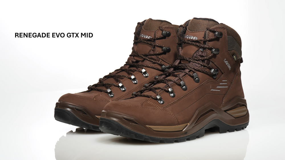 Video of the LOWA Renegade EVO GTX Mid hiking boots, shown as a pair with a nubuck leather upper, GORE-TEX lining, and a layered midsole with lugged outsole.