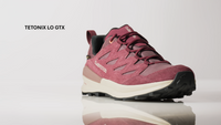 Video of the LOWA Tetonix Lo GTX hiking shoe, shown in three-quarter view with a suede and mesh upper, GORE-TEX lining, and a lugged trail outsole.