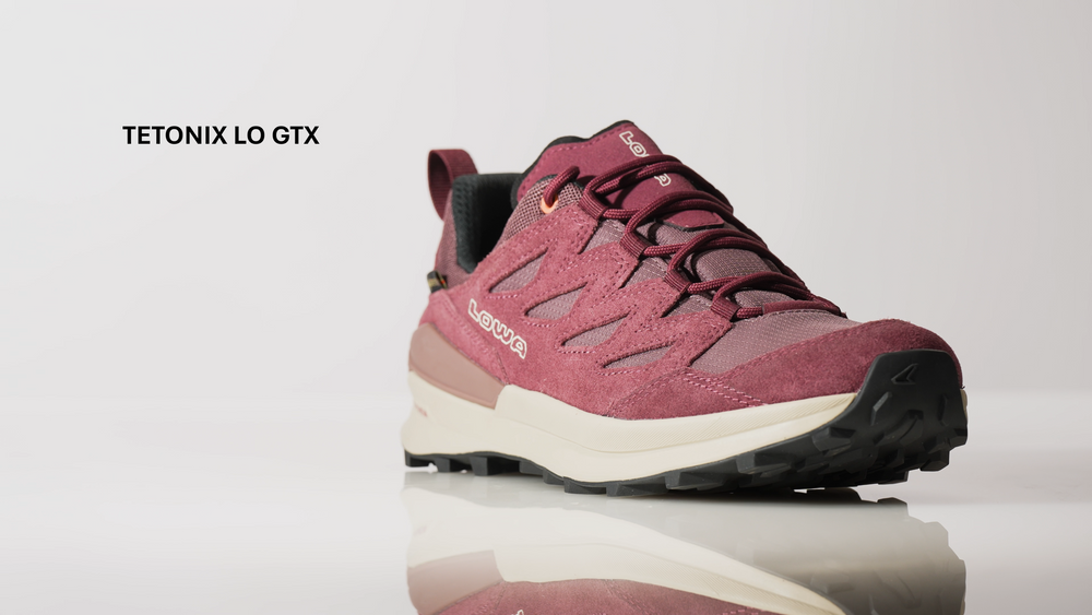 Video of the LOWA Tetonix Lo GTX hiking shoe, shown in three-quarter view with a suede and mesh upper, GORE-TEX lining, and a lugged trail outsole.