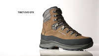 Video of the LOWA Tibet EVO GTX hiking boot in brown nubuck leather with GORE-TEX lining, rotating to show side and detail views.
