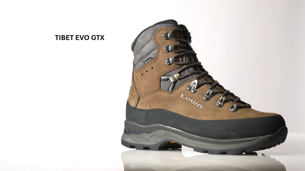 Video of the LOWA Tibet EVO GTX hiking boot in brown nubuck leather with GORE-TEX lining, rotating to show side and detail views.