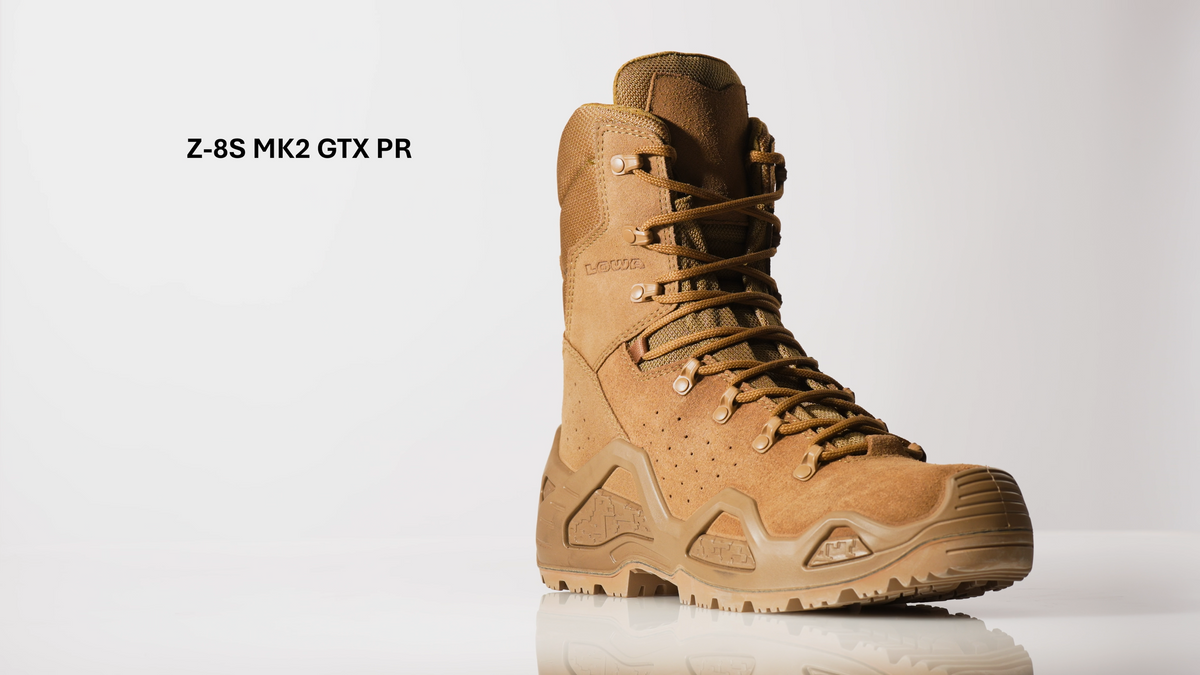 Video of the LOWA Z-8S MK2 GTX PR tactical boot, shown in profile with a tall lace-to-toe suede and textile upper, and lugged rubber outsole.