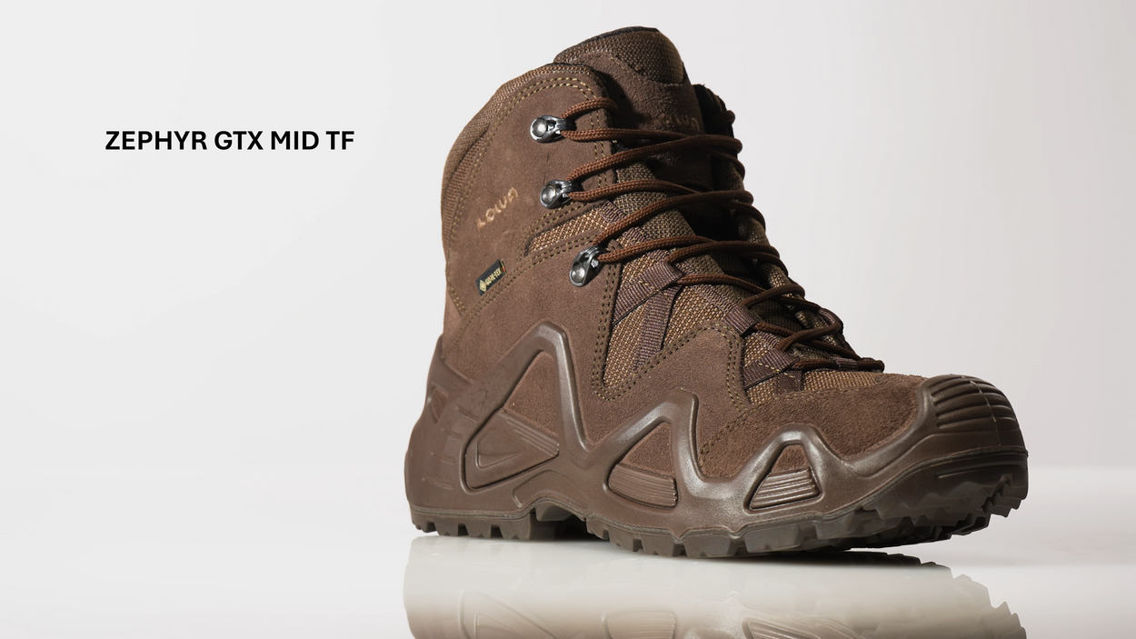 Video of the LOWA Zephyr GTX Mid TF boot, shown in profile with a suede and mesh upper, GORE-TEX lining, speed-lace hooks, and an angular lugged outsole.