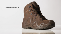 Video of the LOWA Zephyr GTX Mid TF boot, shown in profile with a suede and mesh upper, GORE-TEX lining, speed-lace hooks, and an angular lugged outsole.