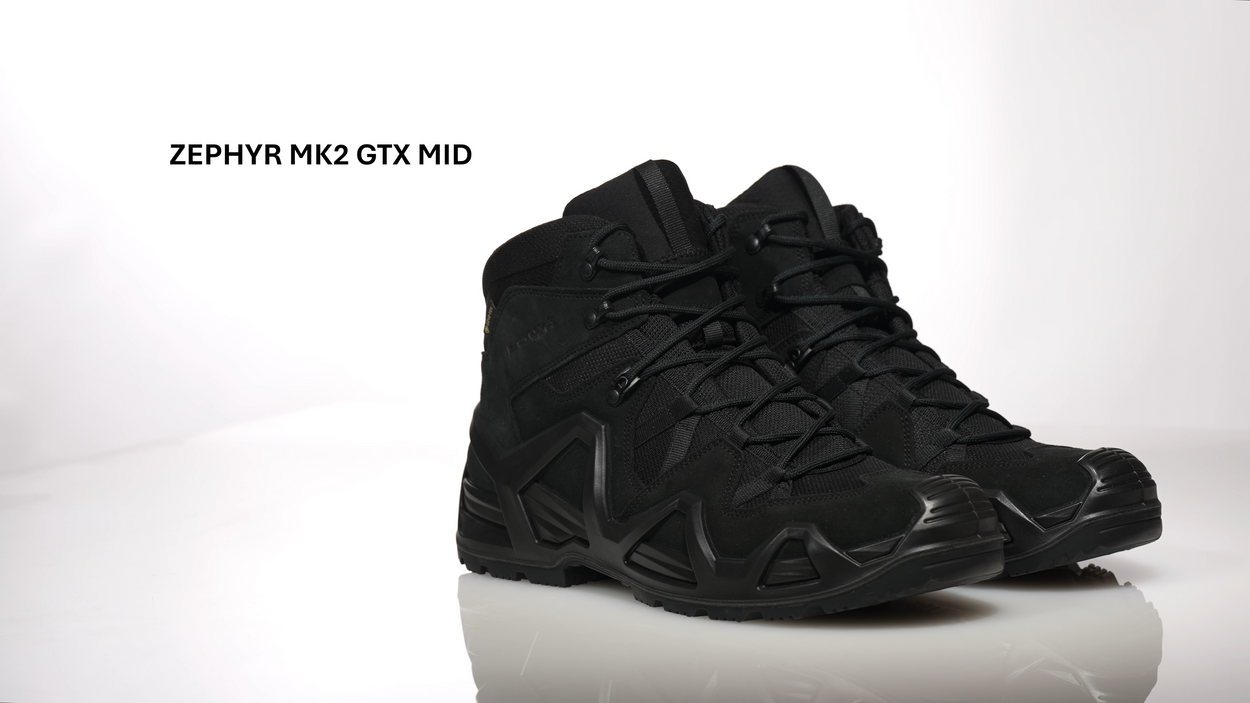 Video of the LOWA Zephyr MK2 GTX Mid boots, shown as a pair with an angular suede and mesh upper, GORE-TEX lining, and a lugged outsole