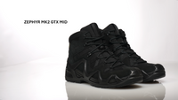 Video of the LOWA Zephyr MK2 GTX Mid boots, shown as a pair with an angular suede and mesh upper, GORE-TEX lining, and a lugged outsole