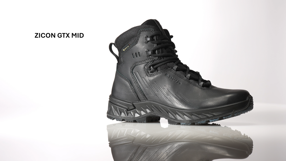 Video of the LOWA Zicon GTX Mid boot, shown in profile with a smooth leather upper, GORE-TEX lining, and an angular lugged outsole.